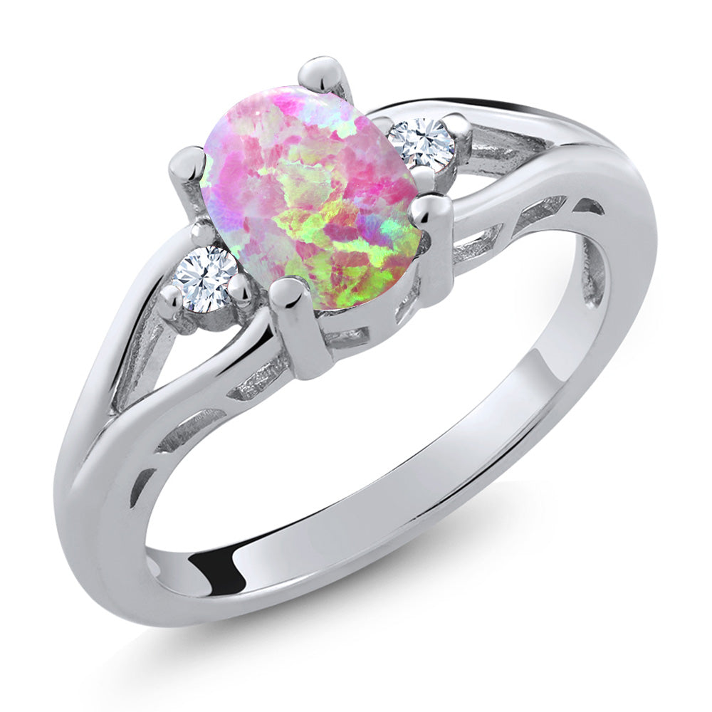 Pink Simulated Opal-Cabochon - October_7_Ring in 925 Sterling Silver