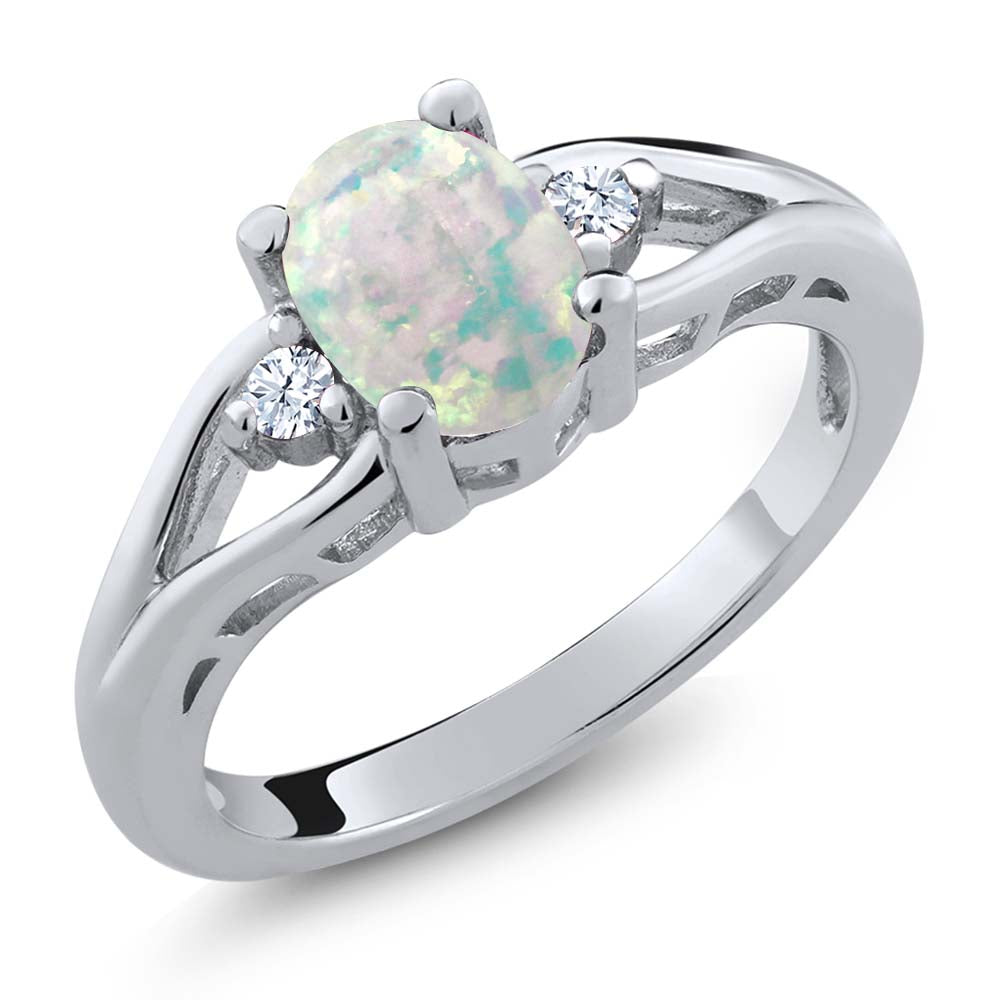 White Simulated Opal-Cabochon - October_5_Ring in 925 Sterling Silver