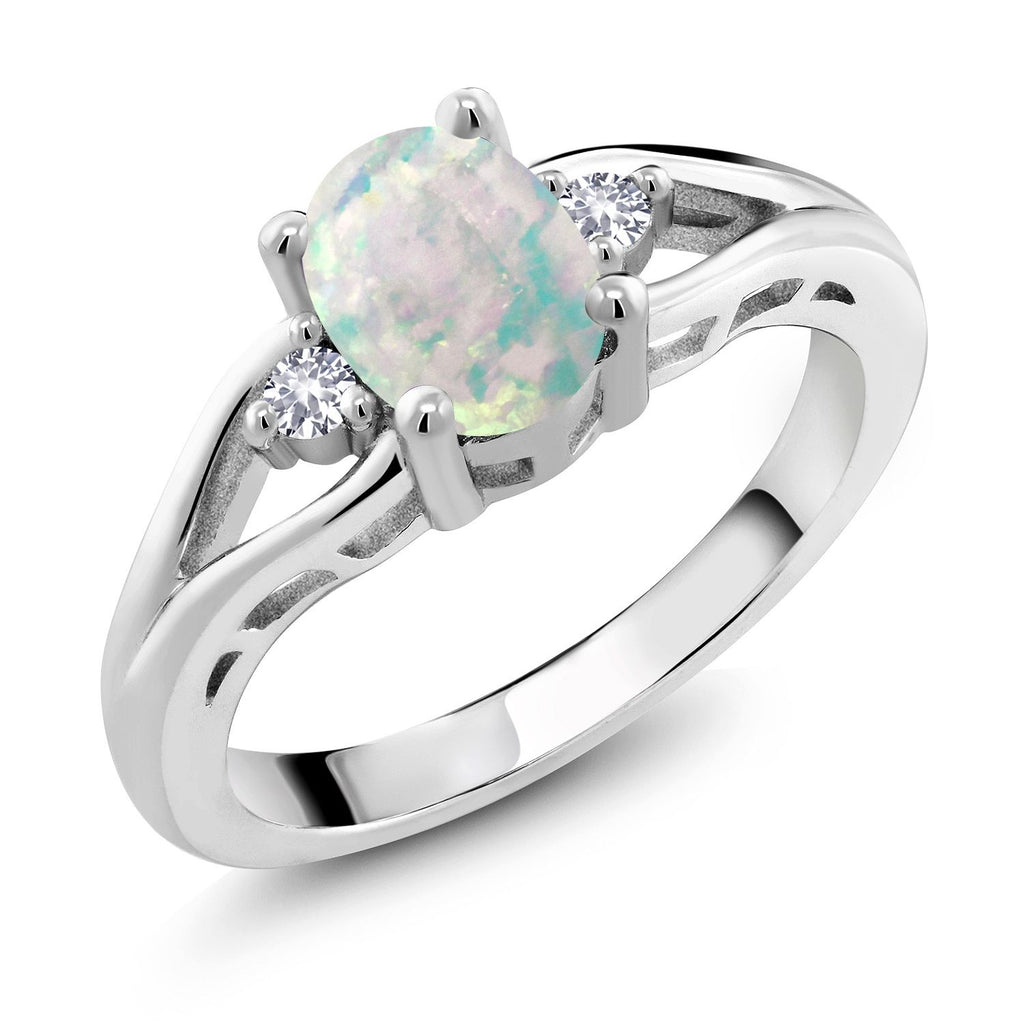 White Simulated Opal-Cabochon - October_8_Ring in 925 Sterling Silver