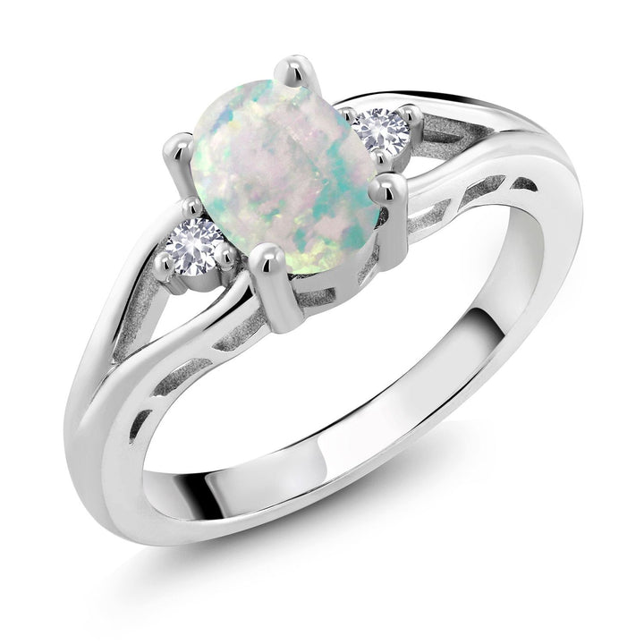 Gem Stone King Gemstone Birthstone and White Created Sapphire 3-Stone Engagement Ring for Women in 925 Sterling Silver | Oval 8X6MM and Round 2MM | Elegant Three-Stone Wedding Anniversary Promise Ring | Sizes 5-9