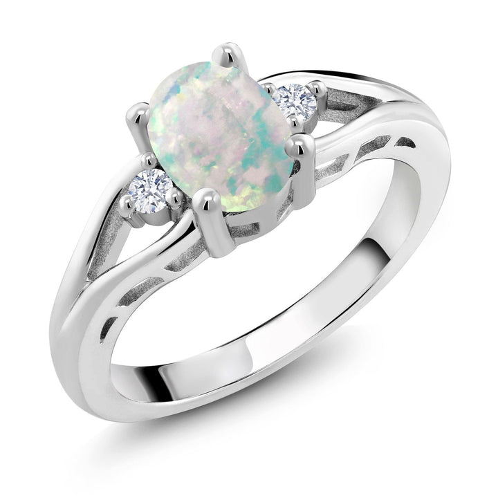 925 Sterling Silver Gemstone Birthstone 3-Stone Engagement Ring for Women | Oval 8X6MM Center Stone with Round 2MM Accents | Elegant Three-Stone Wedding Anniversary Promise Jewelry Gift | Sizes 5-9