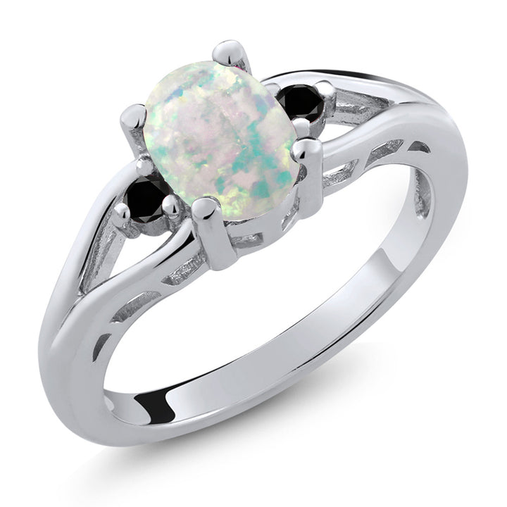 White Simulated Opal-Cabochon - October_5_Ring in 925 Sterling Silver