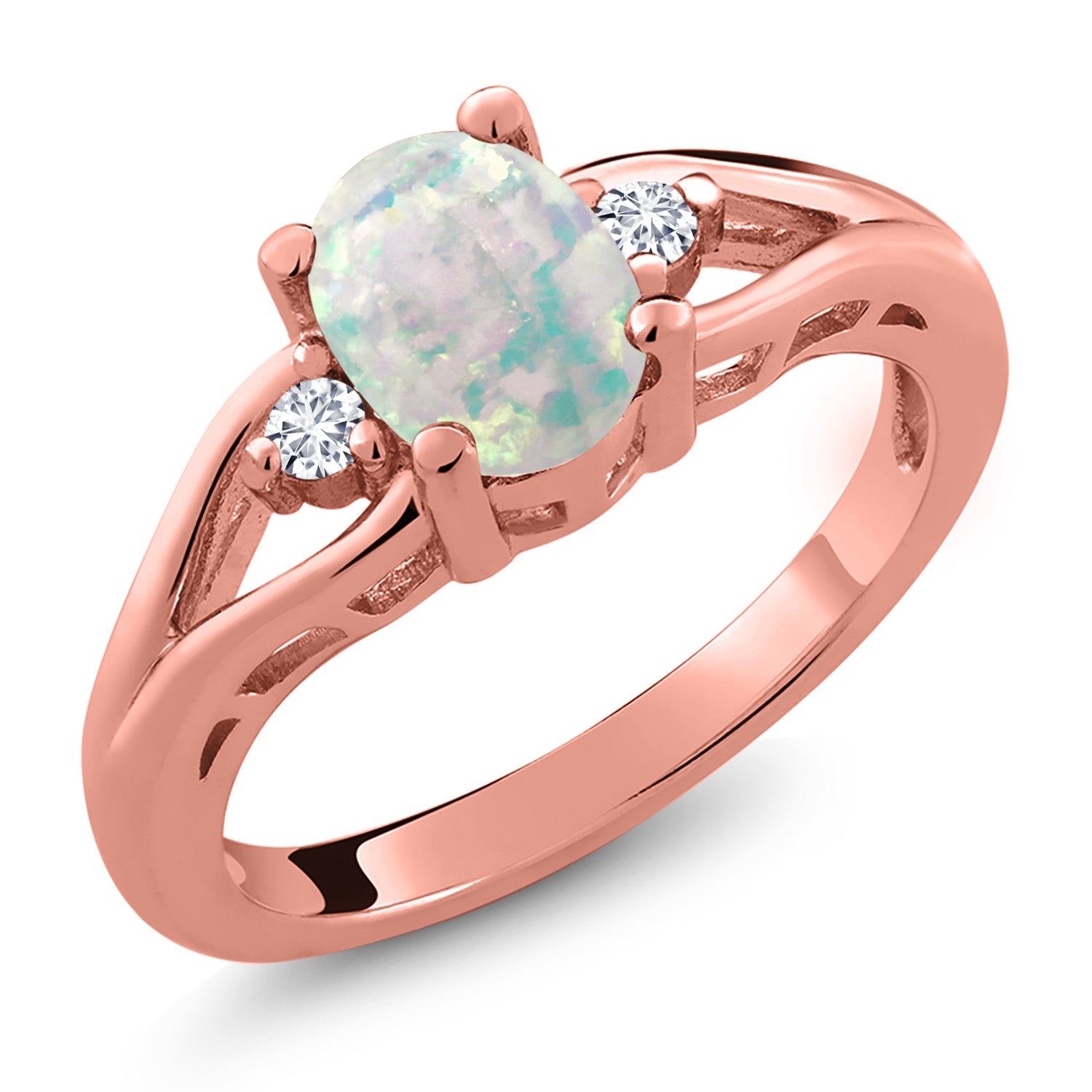 White Simulated Opal-Cabochon - October_6_Ring in 925 Rose Gold Plated Silver