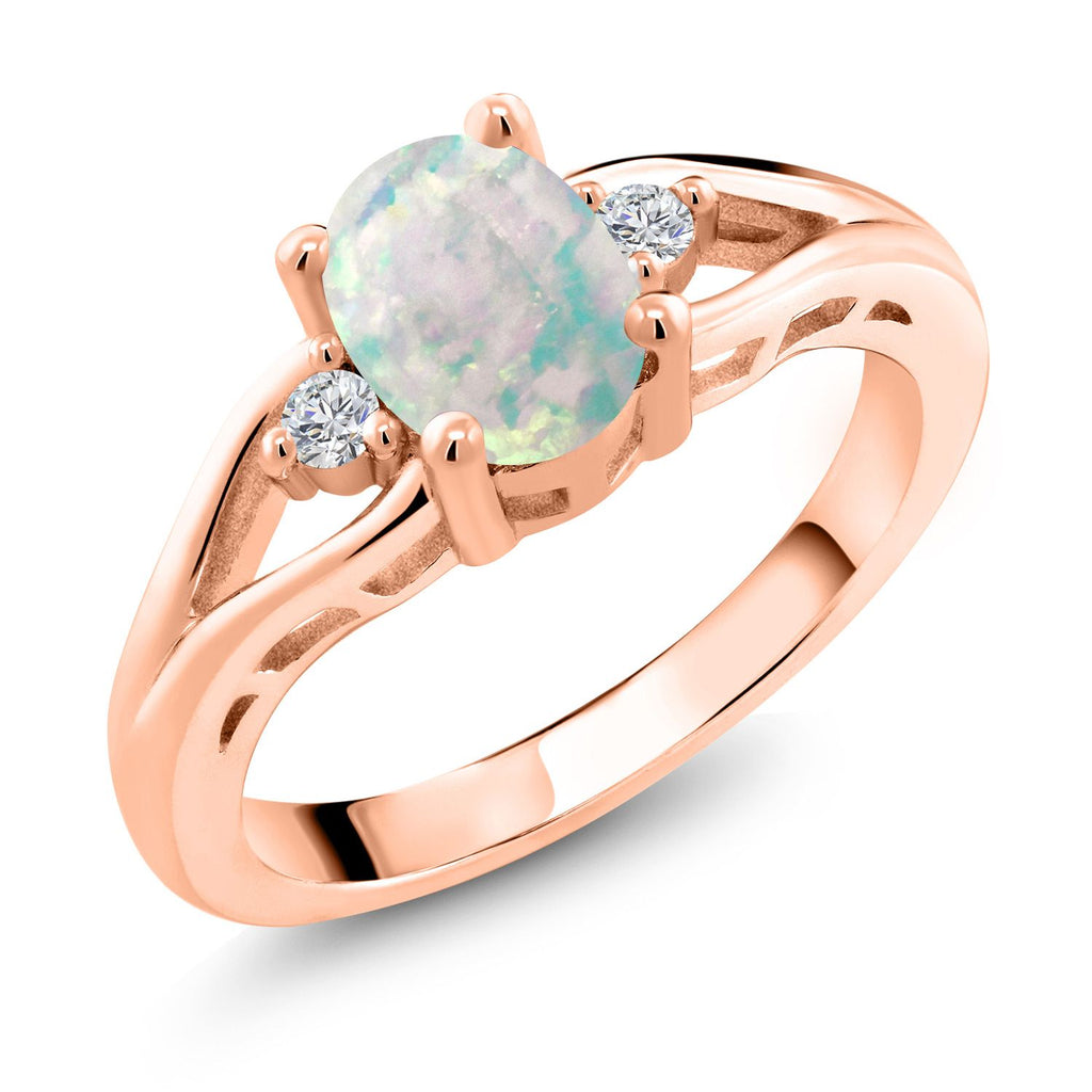 White Simulated Opal-Cabochon - October_8_Ring in 925 Rose Gold Plated Silver