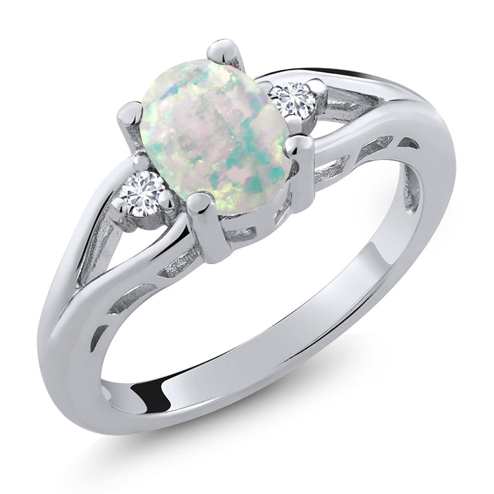 White Simulated Opal-Cabochon - October_5_Ring in 925 Sterling Silver