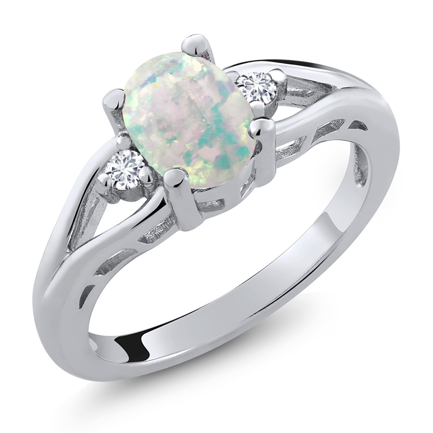 White Simulated Opal-Cabochon - October_7_Ring in 925 Sterling Silver