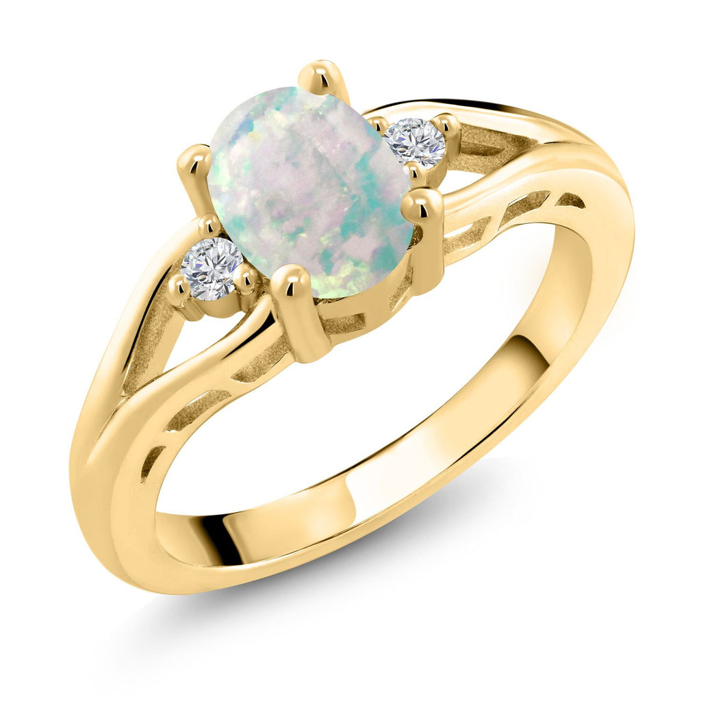 White Simulated Opal-Cabochon - October_7_Ring in 925 Yellow Gold Plated Silver