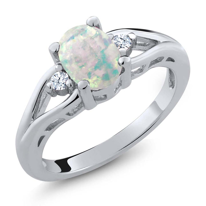 White Simulated Opal-Cabochon - October_5_Ring in 925 Sterling Silver