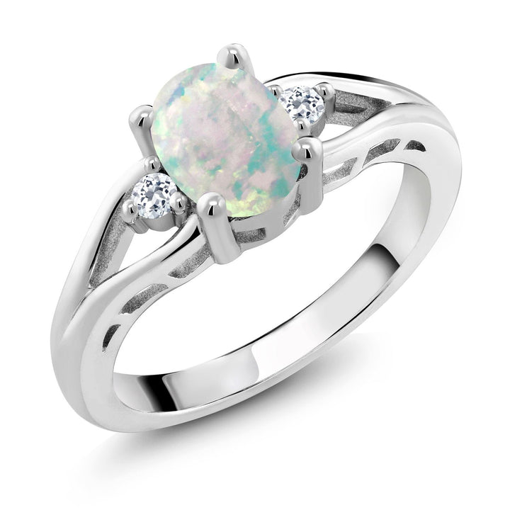 Gem Stone King 3-Stone Engagement Ring for Women | 925 Silver | Gemstone Birthstone and White Topaz | Oval 8X6MM | Round 2MM | Three-Stone Wedding Promise Ring | Sizes 5-9