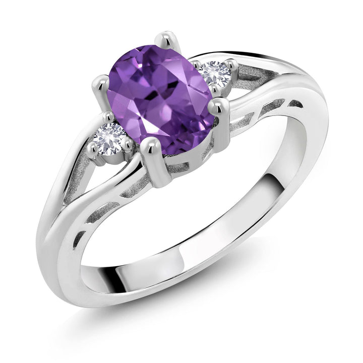 Gem Stone King Gemstone Birthstone and White Created Sapphire 3-Stone Engagement Ring for Women in 925 Sterling Silver | Oval 8X6MM and Round 2MM | Elegant Three-Stone Wedding Anniversary Promise Ring | Sizes 5-9