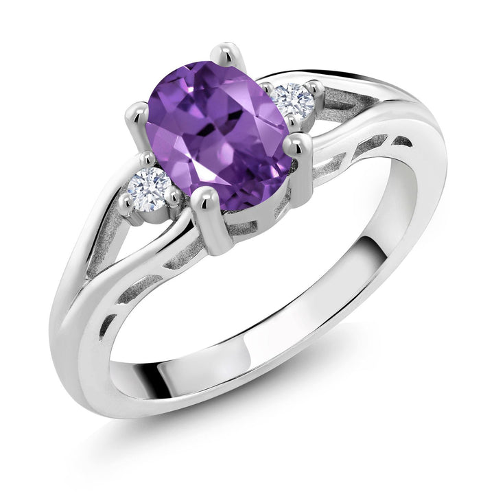 925 Sterling Silver Gemstone Birthstone 3-Stone Engagement Ring for Women | Oval 8X6MM Center Stone with Round 2MM Accents | Elegant Three-Stone Wedding Anniversary Promise Jewelry Gift | Sizes 5-9