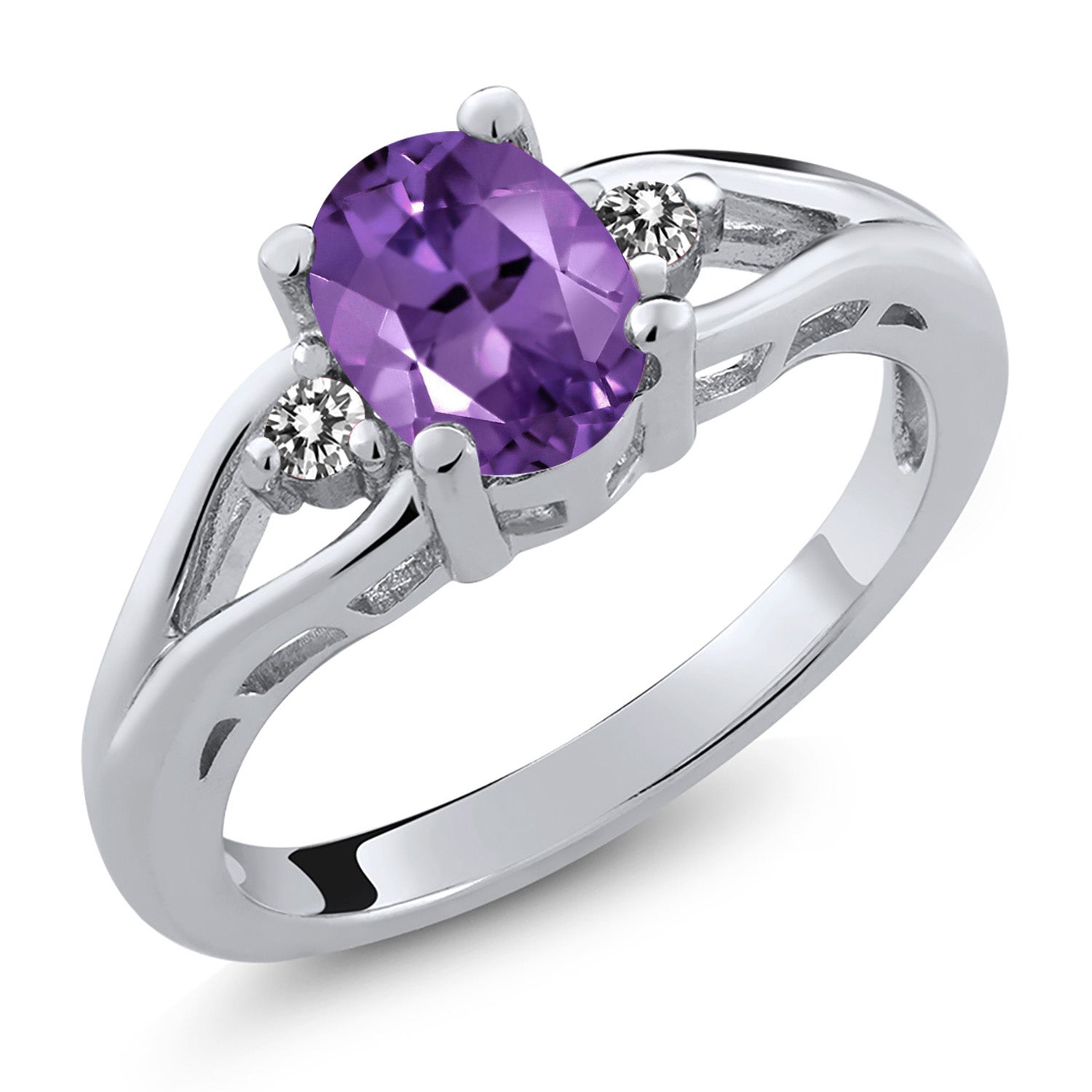 925 Sterling Silver Purple Amethyst and White Diamond 3 Stone Engagement Ring For Women | 1.16 Cttw | Oval 8X6MM | Round 2MM | Gemstone February Birthstone | Available in Size 5,6,7,8,9