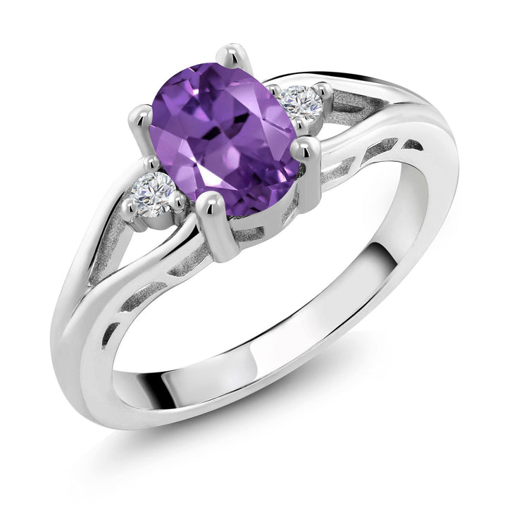 Gem Stone King 925 Sterling Silver Gemstone Birthstone and Lab Grown Diamond 3-Stone Engagement Ring for Women | Oval 8X6MM and Round 2MM | Elegant Three-Stone Wedding Anniversary Promise Ring | Sizes 5-9