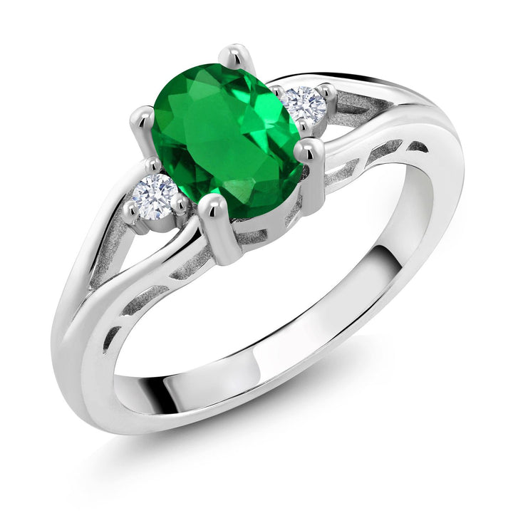 925 Sterling Silver Gemstone Birthstone 3-Stone Engagement Ring for Women | Oval 8X6MM Center Stone with Round 2MM Accents | Elegant Three-Stone Wedding Anniversary Promise Jewelry Gift | Sizes 5-9