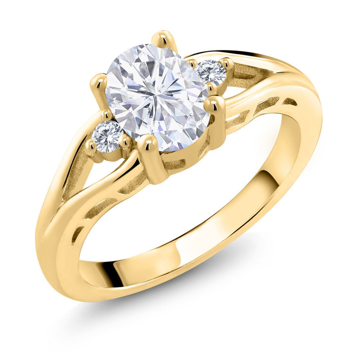 18K Yellow Gold Plated Silver Gemstone Birthstone and White Diamond 3 Stone Engagement Ring | Oval 8X6MM | Round 2MM | Wedding Engagement Anniversary Promise Ring For Women | Sizes 5 to 9
