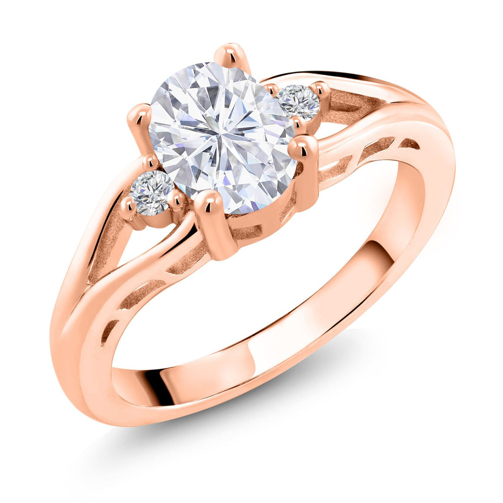 Gem Stone King Gemstone Birthstone and Lab Grown Diamond 3-Stone Engagement Ring for Women | 18K Rose Gold Plated Silver | Oval 8X6MM and Round 2MM | Elegant Three-Stone Wedding Anniversary Promise Ring | Sizes 5-9