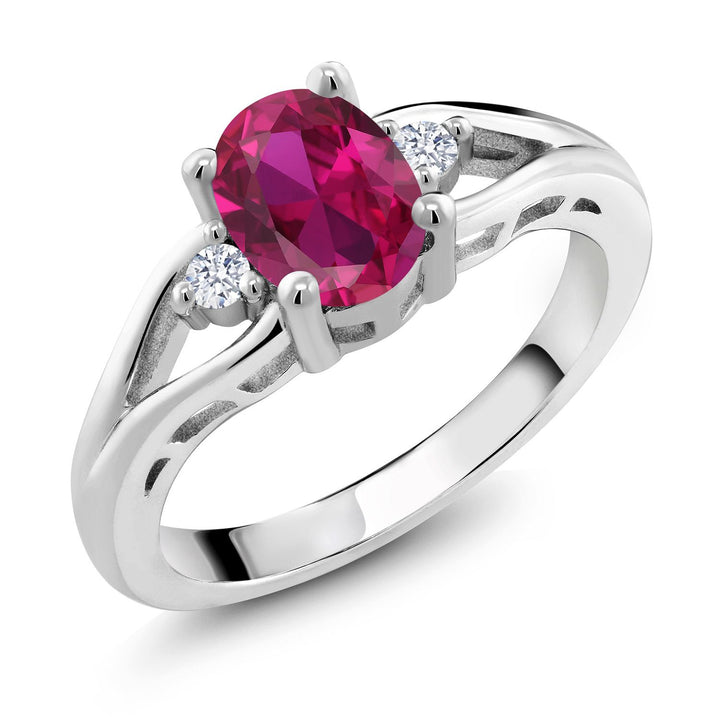 925 Sterling Silver Gemstone Birthstone 3-Stone Engagement Ring for Women | Oval 8X6MM Center Stone with Round 2MM Accents | Elegant Three-Stone Wedding Anniversary Promise Jewelry Gift | Sizes 5-9