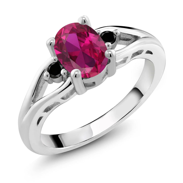 Gem Stone King Gemstone Birthstone and Black Diamond 3-Stone Engagement Ring for Women in 925 Sterling Silver | Oval 8X6MM and Round 2MM | Elegant Three-Stone Wedding Anniversary Promise Ring | Sizes 5-9