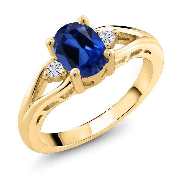 Gem Stone King Gemstone Birthstone and White Moissanite 3-Stone Engagement Ring for Women | 18K Yellow Gold Plated Silver | Oval 8X6MM and Round 2MM | Elegant Three-Stone Wedding Anniversary Promise Ring | Sizes 5-9