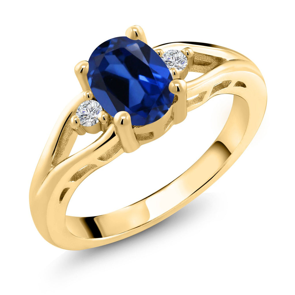 Gem Stone King Gemstone Birthstone and Lab Grown Diamond 3-Stone Engagement Ring for Women | 18K Yellow Gold Plated Silver | Oval 8X6MM and Round 2MM | Three-Stone Wedding Anniversary Promise Ring | Sizes 5-9