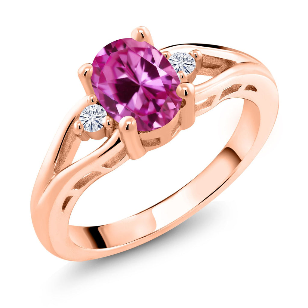 Gem Stone King Gemstone Birthstone and White Moissanite 3-Stone Engagement Ring for Women in 18K Rose Gold Plated Silver | Oval 8X6MM and Round 2MM | Elegant Three-Stone Wedding Anniversary Promise Ring | Sizes 5-9