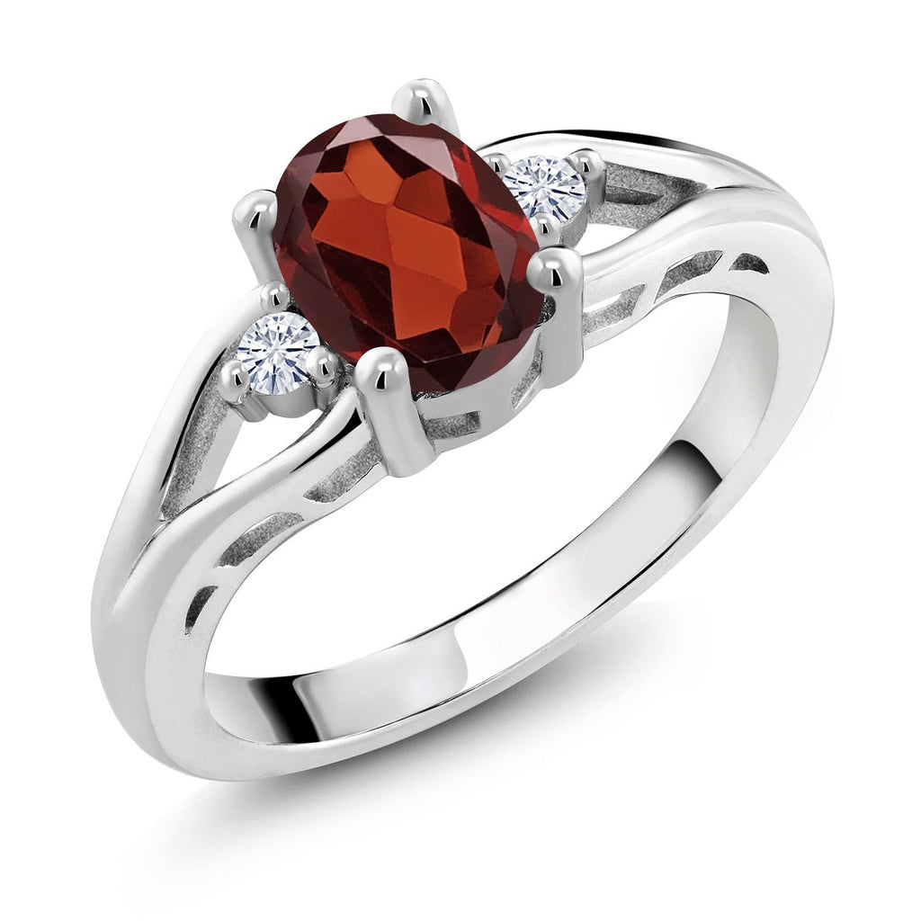 Gem Stone King Gemstone Birthstone and White Moissanite 3-Stone Engagement Ring for Women in 925 Sterling Silver | Oval 8X6MM and Round 2MM | Elegant Three-Stone Wedding Anniversary Promise Ring | Sizes 5-9