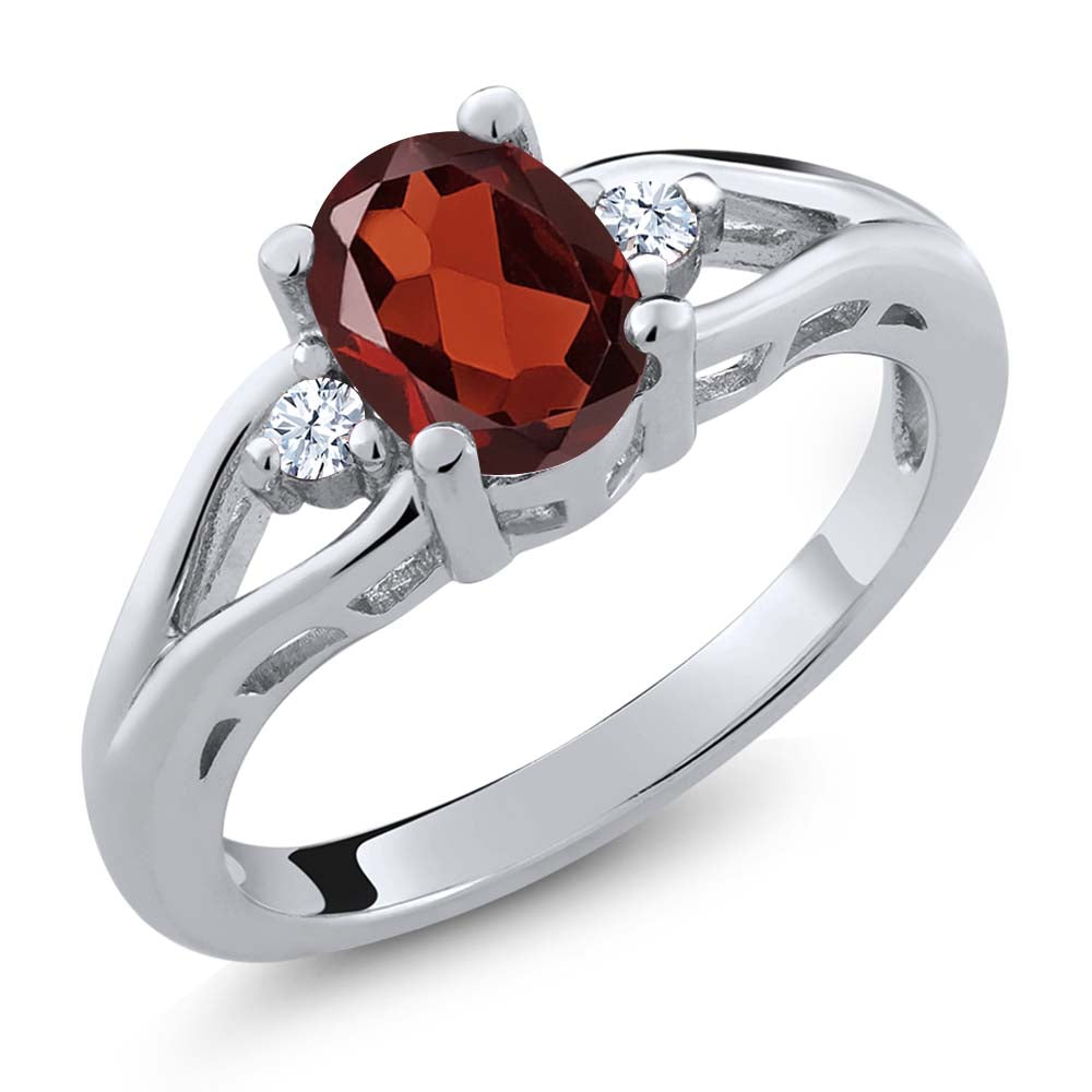 925 Sterling Silver Red Garnet and White Topaz 3 Stone Engagement Ring For Women | 1.28 Cttw | Oval 8X6MM | Round 2MM | Gemstone January Birthstone | Available in Size 5,6,7,8,9