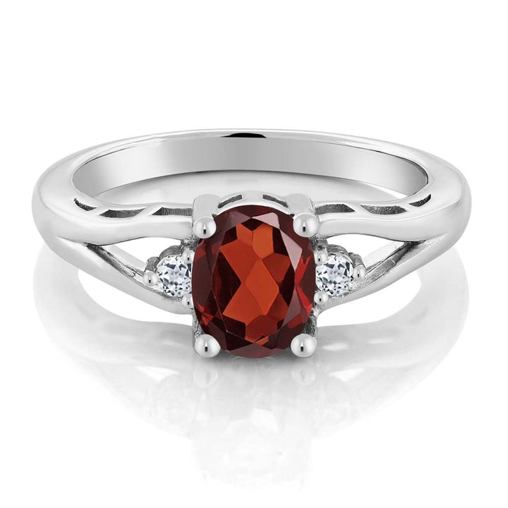 925 Sterling Silver Red Garnet and White Topaz 3 Stone Engagement Ring For Women | 1.28 Cttw | Oval 8X6MM | Round 2MM | Gemstone January Birthstone | Available in Size 5,6,7,8,9