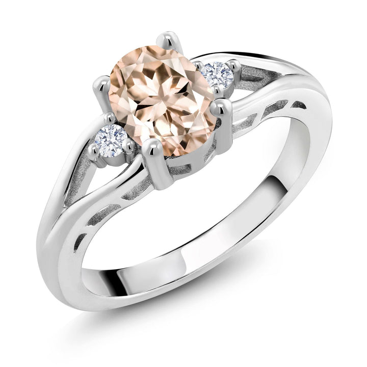 Gem Stone King 925 Sterling Silver Gemstone Birthstone 3-Stone Engagement Ring for Women | Oval 8X6MM Center Stone with Round 2MM Accents | Elegant Three-Stone Wedding Anniversary Promise Jewelry Gift | Sizes 5-9