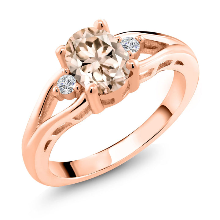 Gem Stone King Gemstone Birthstone and Lab Grown Diamond 3-Stone Engagement Ring for Women | 18K Rose Gold Plated Silver | Oval 8X6MM and Round 2MM | Elegant Three-Stone Wedding Anniversary Promise Ring | Sizes 5-9