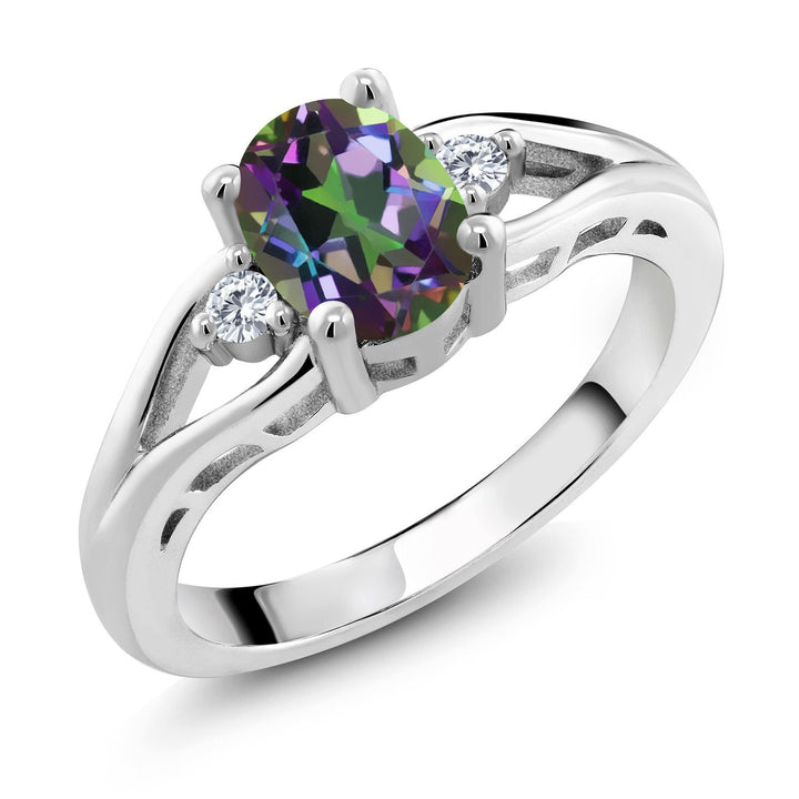 Gem Stone King 3-Stone Engagement Ring for Women | 925 Sterling Silver | Gemstone Birthstone and Diamond | Oval 8X6MM and Round 2MM | Wedding Anniversary Promise Ring
