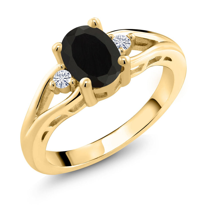 Gem Stone King Gemstone Birthstone and White Moissanite 3-Stone Engagement Ring for Women | 18K Yellow Gold Plated Silver | Oval 8X6MM and Round 2MM | Elegant Three-Stone Wedding Anniversary Promise Ring | Sizes 5-9