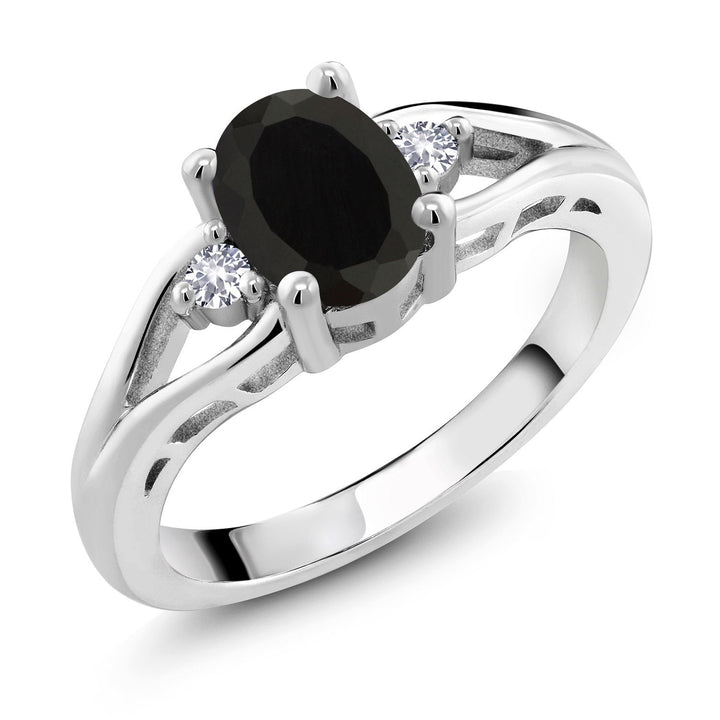 Gem Stone King Gemstone Birthstone and White Created Sapphire 3-Stone Engagement Ring for Women in 925 Sterling Silver | Oval 8X6MM and Round 2MM | Elegant Three-Stone Wedding Anniversary Promise Ring | Sizes 5-9