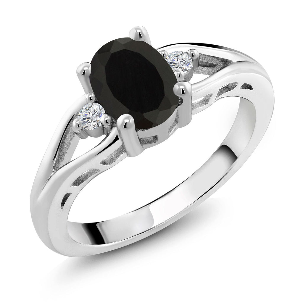 Gem Stone King 925 Sterling Silver Gemstone Birthstone and Lab Grown Diamond 3-Stone Engagement Ring for Women | Oval 8X6MM and Round 2MM | Elegant Three-Stone Wedding Anniversary Promise Ring | Sizes 5-9