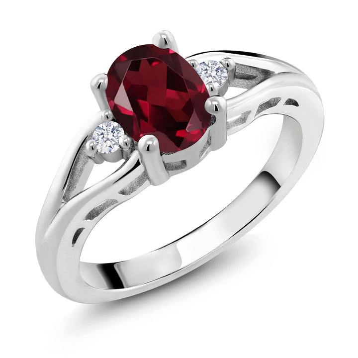 925 Sterling Silver Gemstone Birthstone 3-Stone Engagement Ring for Women | Oval 8X6MM Center Stone with Round 2MM Accents | Elegant Three-Stone Wedding Anniversary Promise Jewelry Gift | Sizes 5-9