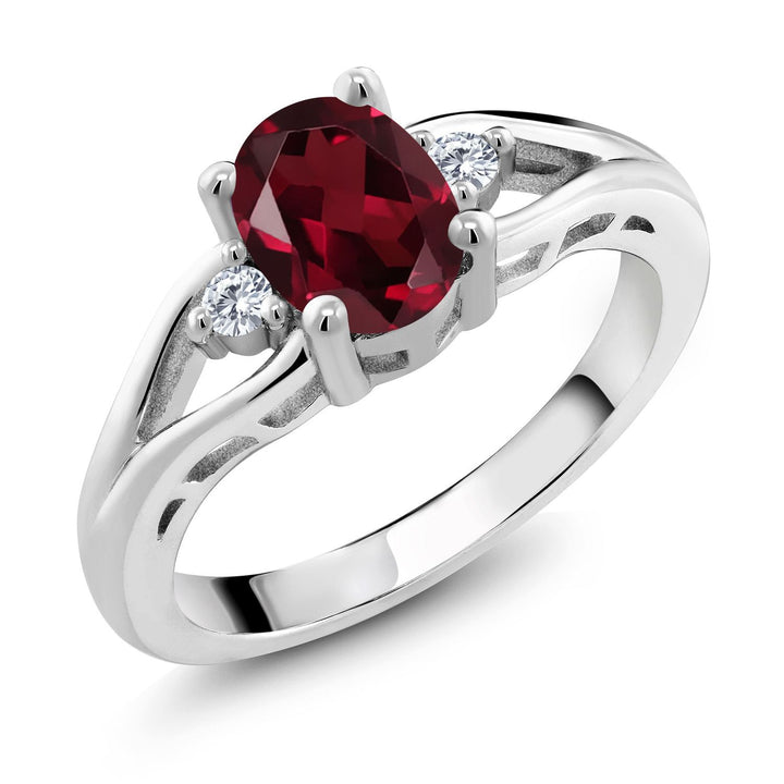 Gem Stone King 3-Stone Engagement Ring for Women | 925 Sterling Silver | Gemstone Birthstone and Diamond | Oval 8X6MM and Round 2MM | Wedding Anniversary Promise Ring