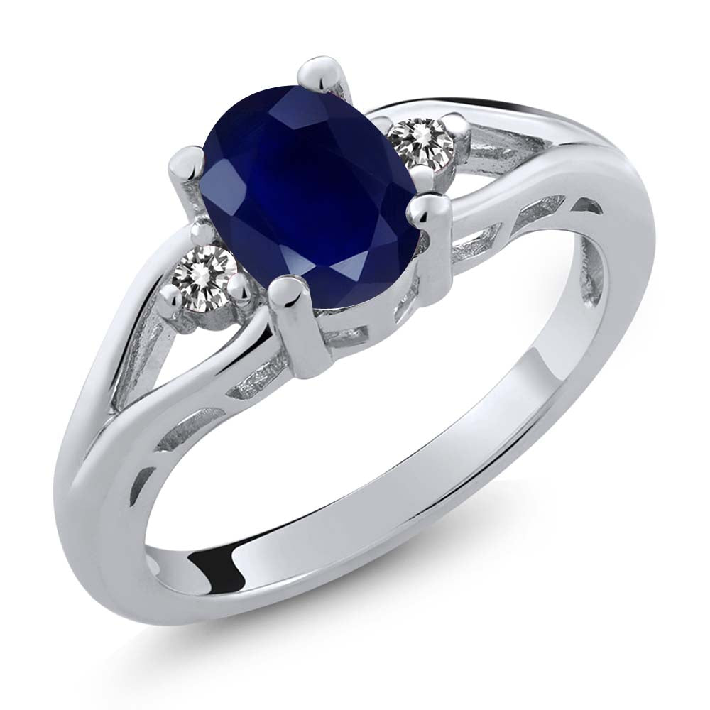 1.86 Cttw 925 Sterling Silver Blue Sapphire and White Diamond Engagement Ring | Oval 8X6MM | Three Stone Wedding Anniversary Promise Ring For Women | Ring Size 5-9