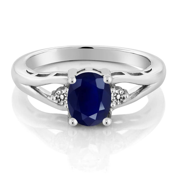 1.86 Cttw 925 Sterling Silver Blue Sapphire and White Diamond Engagement Ring | Oval 8X6MM | Three Stone Wedding Anniversary Promise Ring For Women | Ring Size 5-9