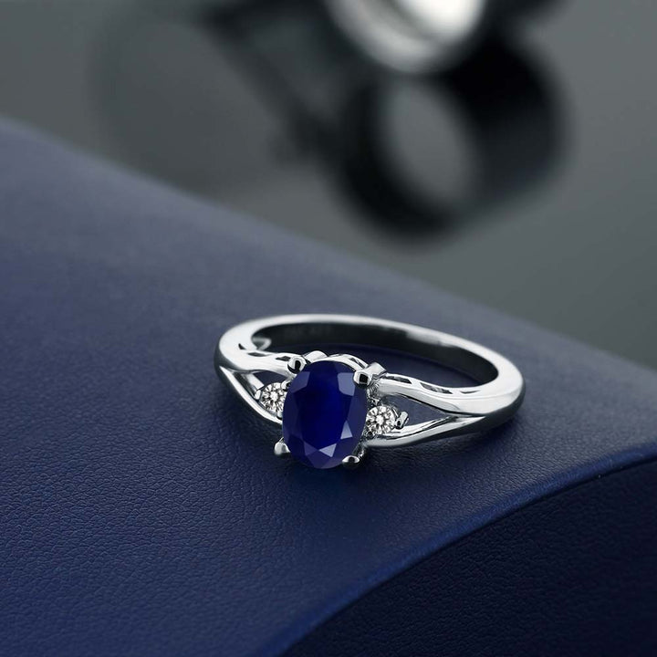 1.86 Cttw 925 Sterling Silver Blue Sapphire and White Diamond Engagement Ring | Oval 8X6MM | Three Stone Wedding Anniversary Promise Ring For Women | Ring Size 5-9