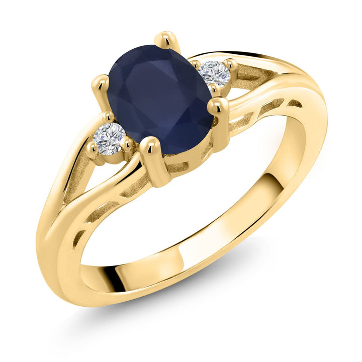 Gem Stone King Gemstone Birthstone and Lab Grown Diamond 3-Stone Engagement Ring for Women | 18K Yellow Gold Plated Silver | Oval 8X6MM and Round 2MM | Three-Stone Wedding Anniversary Promise Ring | Sizes 5-9