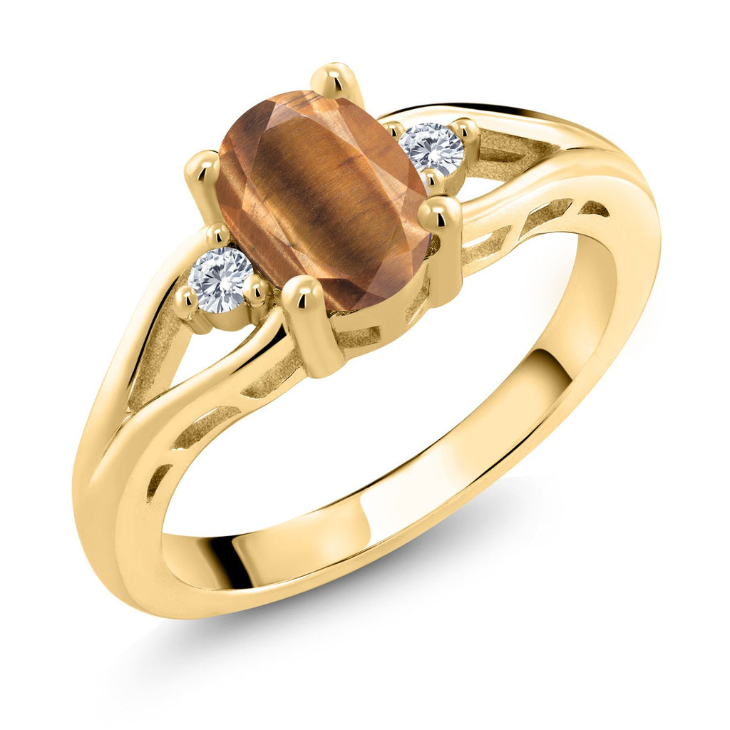 Gem Stone King 18K Yellow Gold Plated Silver Gemstone Birthstone and White Diamond 3 Stone Engagement Ring | Oval 8X6MM | Round 2MM | Wedding Engagement Anniversary Promise Ring For Women | Sizes 5 to 9