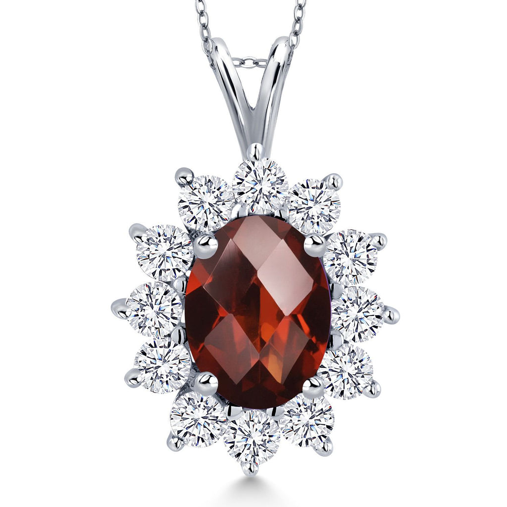 Gem Stone King 14K White Gold Gemstone Birthstone Halo Pendant Necklace | Oval 8X6MM and Round 2.5MM | Gold Necklaces for Women | With 18 Inch Chain | Fine Jewelry Gifts for Her Mom Women Wife