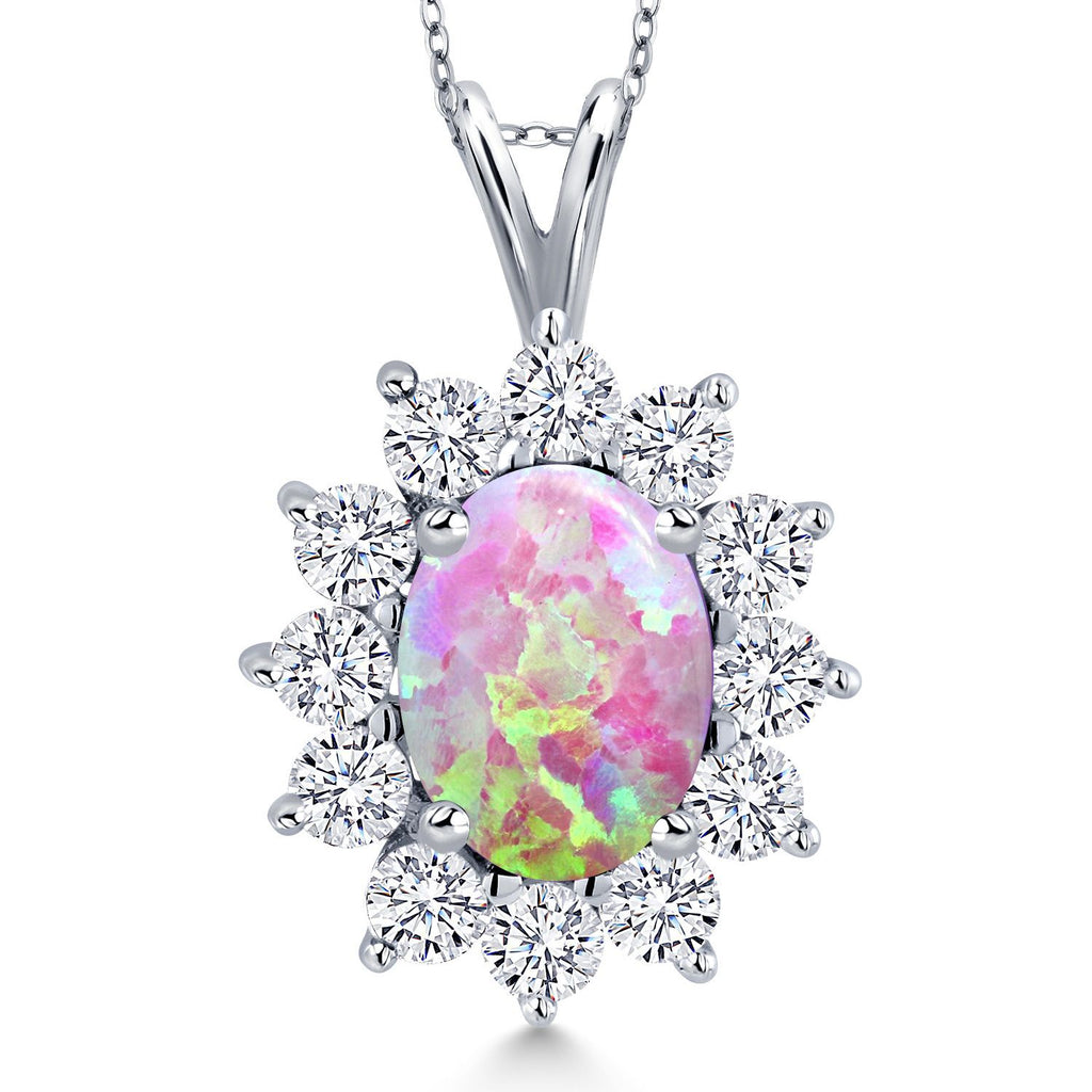 Pink Simulated Opal-Cabochon - October_Pendant in 14K White Gold
