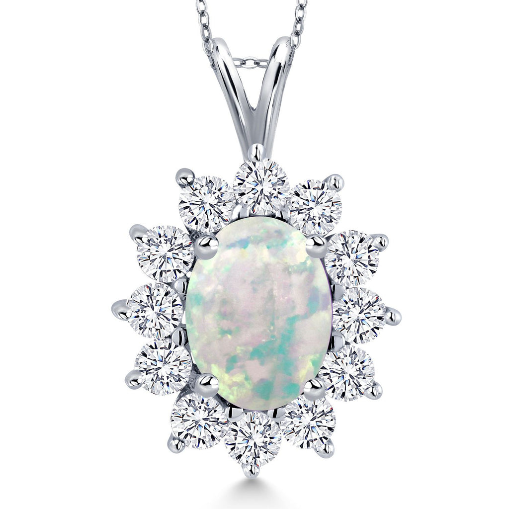 White Simulated Opal-Cabochon - October_Pendant in 14K White Gold