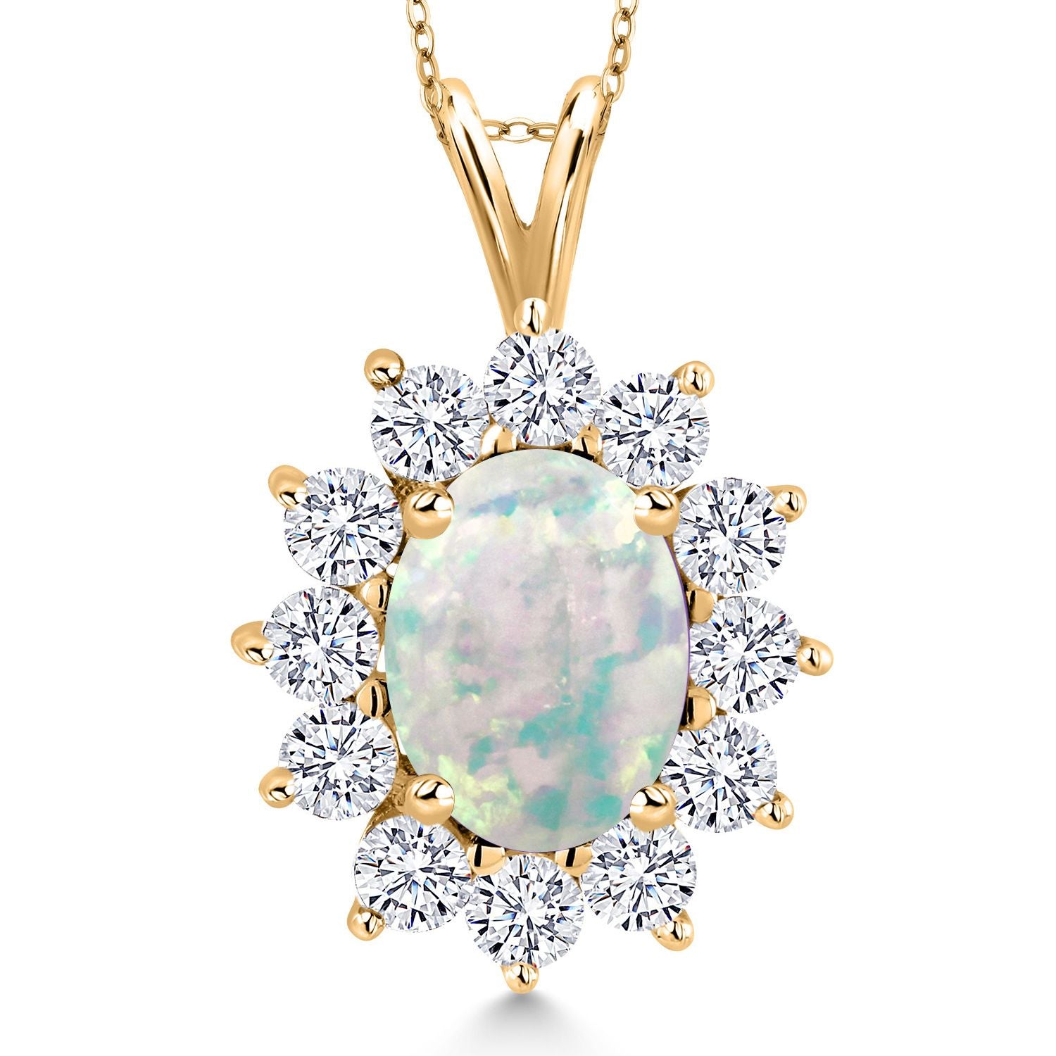 White Simulated Opal-Cabochon - October_Pendant in 925 Yellow Gold Plated Silver