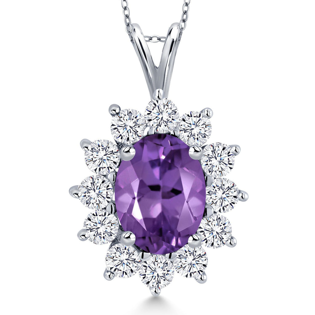 Gem Stone King 14K White Gold Gemstone Birthstone Halo Pendant Necklace | Oval 8X6MM and Round 2.5MM | Gold Necklaces for Women | With 18 Inch Chain | Fine Jewelry Gifts for Her Mom Women Wife