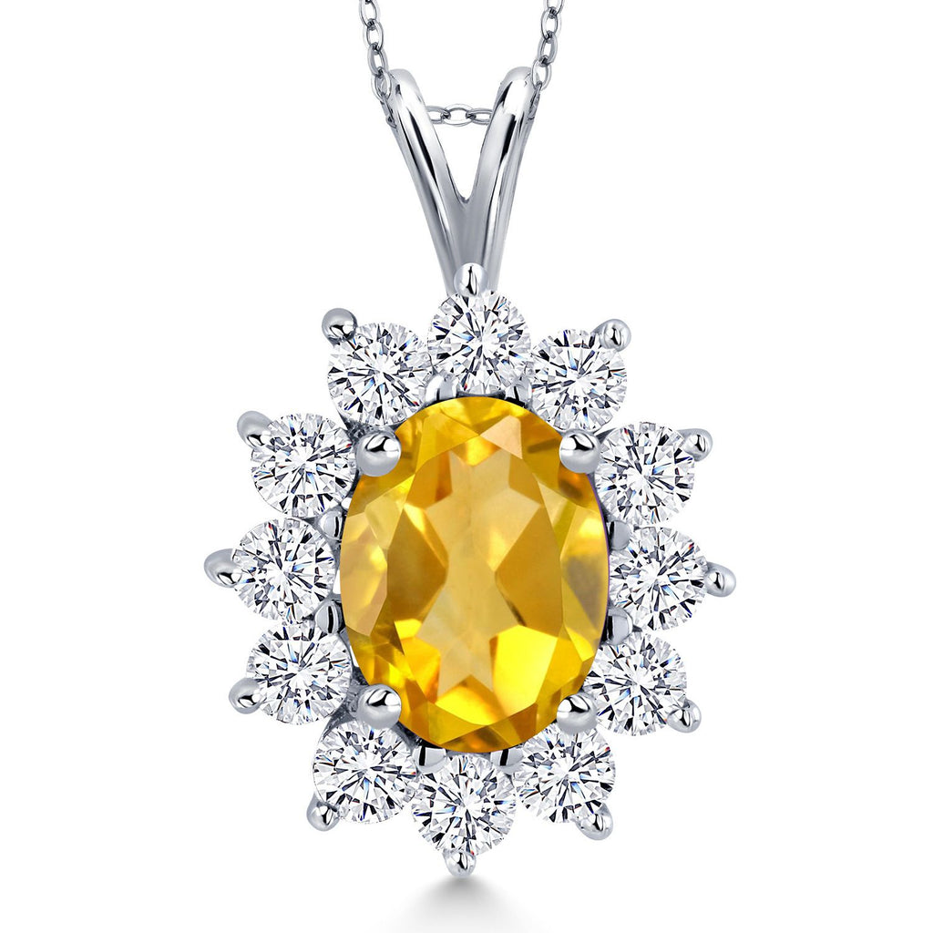 Gem Stone King 14K White Gold Gemstone Birthstone Halo Pendant Necklace | Oval 8X6MM and Round 2.5MM | Gold Necklaces for Women | With 18 Inch Chain | Fine Jewelry Gifts for Her Mom Women Wife
