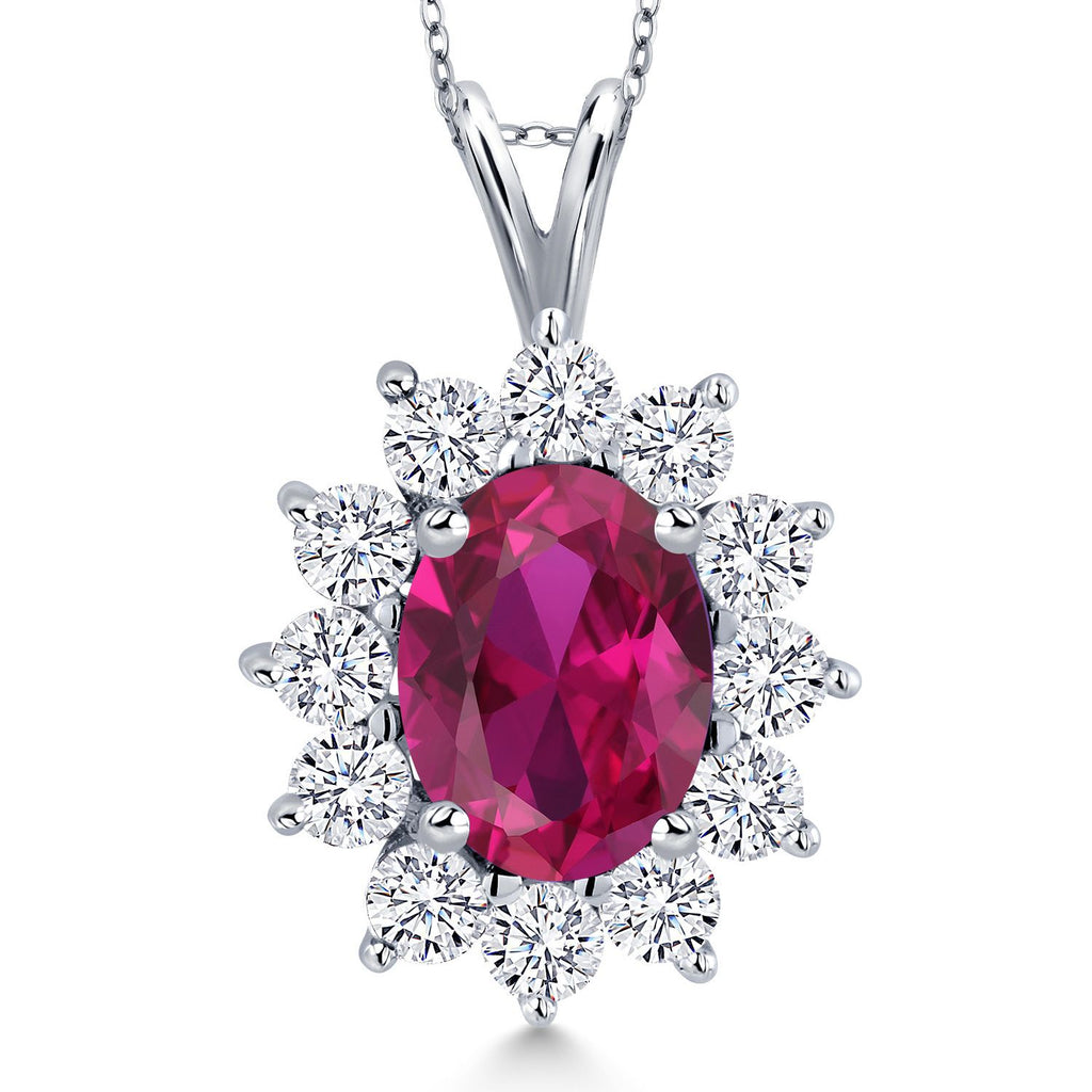 Gem Stone King 14K White Gold Gemstone Birthstone Halo Pendant Necklace | Oval 8X6MM and Round 2.5MM | Gold Necklaces for Women | With 18 Inch Chain | Fine Jewelry Gifts for Her Mom Women Wife
