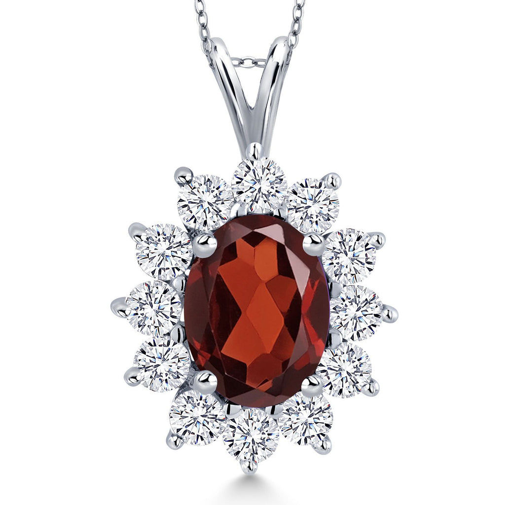 Gem Stone King 14K White Gold Gemstone Birthstone Halo Pendant Necklace | Oval 8X6MM and Round 2.5MM | Gold Necklaces for Women | With 18 Inch Chain | Fine Jewelry Gifts for Her Mom Women Wife