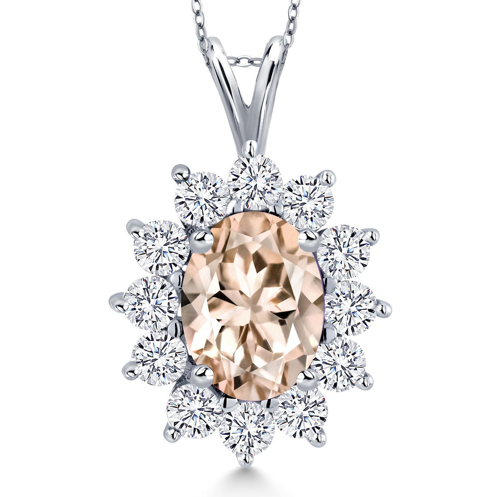 Gem Stone King 14K White Gold Gemstone Birthstone Halo Pendant Necklace | Oval 8X6MM and Round 2.5MM | Gold Necklaces for Women | With 18 Inch Chain | Fine Jewelry Gifts for Her Mom Women Wife